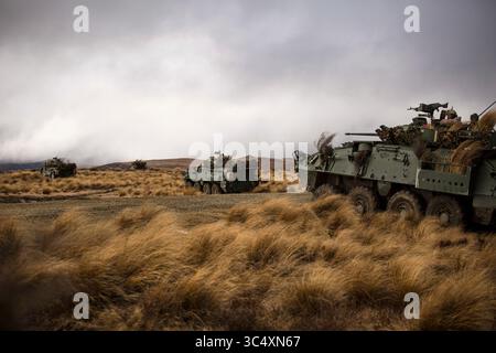 26 settembre 2018 - Waiouru, nuova Zelanda - i Marines statunitensi e i soldati dell'esercito reale neozelandese chiedono il fuoco da un veicolo blindato leggero come parte dell'esercitazione Joint Assault Signals Company Black, Waiouru Military Camp, nuova Zelanda, 26 settembre 2018. I Marines sono con la 1st Brigade, la 5th Air Naval Gunfire Liaison Company, il III Marine Expeditionary Force Information Group. (Immagine di credito: © U.S. Marine Corps via ZUMA Wire/ZUMAPRESS.com) Foto Stock