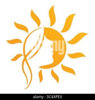Un logo del sole con una faccia da donna. Illustrazione Vettoriale