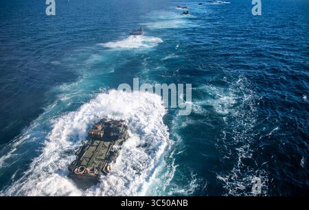 25 novembre 2019 - Oceano Pacifico - i veicoli anfibi d'assalto escono dal ponte del pozzo della nave da sbarco anfibia USS Harpers Ferry (LSD 49). I marinai e i marines del Boxer Amphibious Ready Group (ARG) e dell'11th Marine Expeditionary Unit (MEU) sono imbarcati su Harpers Ferry per un dispiegamento programmato. (Immagine di credito: © U.S. Navy/ZUMA Wire/ZUMAPRESS.com) Foto Stock