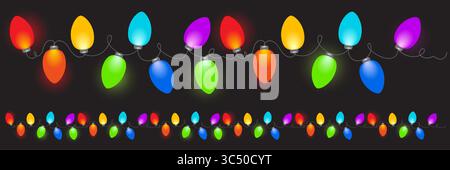 Luci colorate natalizie isolate su sfondo nero. Decorazioni a corde con luci natalizie colorate. Illustrazione Vector Seamless per Natale Illustrazione Vettoriale