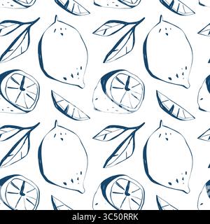 Motivo di frutta al limone senza cuciture con fette e foglie in blu scuro su bianco per la cucina estiva e il design del packaging Illustrazione Vettoriale