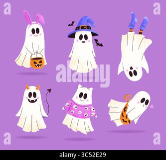 Set di simpatici fantasmi. Buon Halloween. Illustrazione Vettoriale