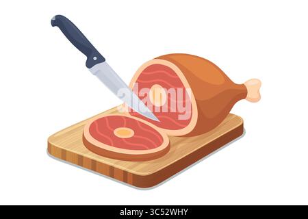 Prosciutto a fette vettoriali su tagliere con coltello da cucina. Carne di prosciutto fresca per cucinare, fetta di prosciutto su tavola di legno. Icona del delizioso cibo a base di carne per la cucina Illustrazione Vettoriale