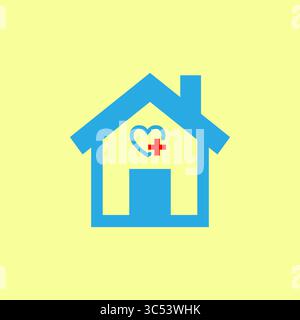 Icona assistenza domiciliare. Simbolo della casa medica. Vettore di supporto sanitario. Edificio con cuore. Illustrazione Vettoriale