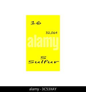 Icona elemento zolfo. Sedici numeri. Trentadue messe. Tavola periodica vettoriale. Illustrazione Vettoriale