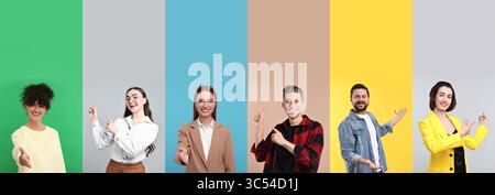 Persone amichevoli che accolgono, collezione di ritratti su sfondi di colori diversi Foto Stock