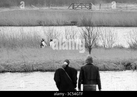 Pinguini nella zona ricreativa di Spaarnwoude, Miscellaneous, 31-03-1988 Whizgle News, Dutch Desk, Paesi Bassi, 1950-2000 due figure vestite di abiti scuri si trovano vicino a un tranquillo corso d'acqua, osservando un paio di uccelli in lontananza tra alte erbe. Sullo sfondo, una recinzione in legno aggiunge un tocco rustico alla tranquilla scena. Foto Stock