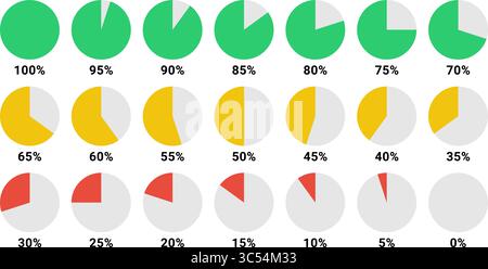 Set di icone di percentuale del grafico a torta multicolore vettoriali che vanno dallo 0% al 100% in incrementi del 5%, progettato per infografiche, dashboard dell'interfaccia utente e presentazioni Illustrazione Vettoriale