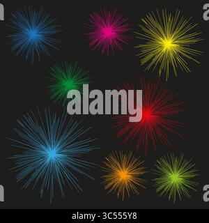 Elementi di scintilla astratti. Forme a raffica colorate. Vettore dinamico di preriscaldamento. Illustrazione con sfondo scuro. Illustrazione Vettoriale