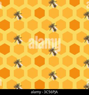 Colorato motivo a nido d'ape con api su sfondo giallo brillante Illustrazione Vettoriale