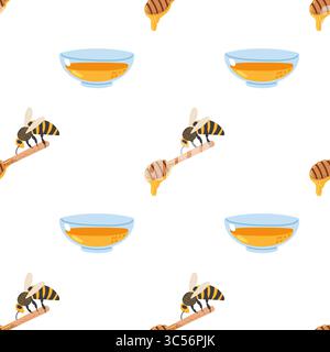 Fantasia creativa con api, miele e ciotole su sfondo bianco per arredare la cucina Illustrazione Vettoriale