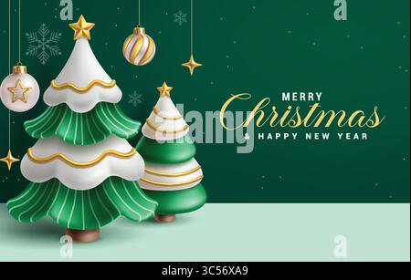 Buon Natale, sfondo clipart. Modello di Natale e felice anno nuovo con pini e palle sospese elementi decorativi clip art Illustrazione Vettoriale