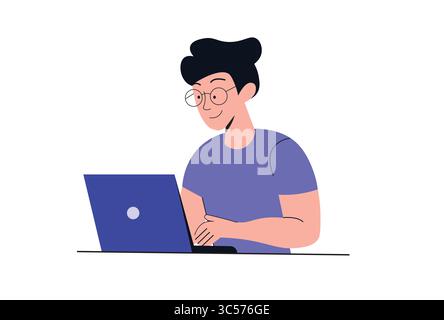 Giovane uomo che lavora su laptop Online illustrazione vettoriale. Illustrazione Vettoriale