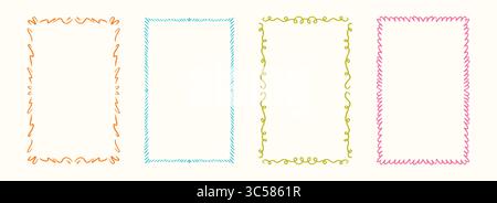 Set di telai ondulati disegnati a mano colorati. Romantica collezione Curly Border. Graziosi telai a quadri vettoriali. Bordino rettangolare ricurvo per inviti, feste di nozze, compleanni, auguri Illustrazione Vettoriale