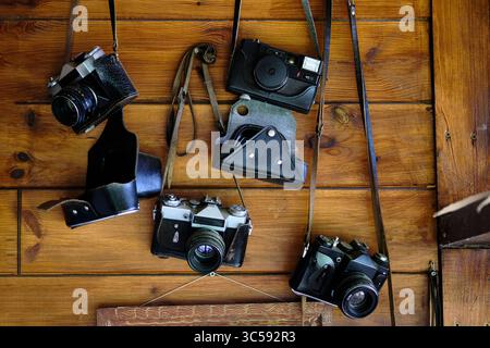 Cinque fotocamere d'epoca sono esposte su cinturini in pelle contro una parete in legno, mostrando una disposizione artistica in un interno caldo. Foto Stock