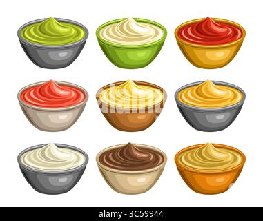 Set Vector Various Sauce, gruppo di 9 illustrazioni ritagliate ciotole in ceramica con deliziose salse assortite, collezione di tas fatti in casa dal design dei cartoni animati Illustrazione Vettoriale