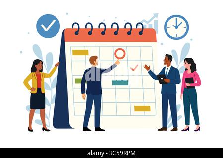 Un'illustrazione vettoriale della pianificazione del team aziendale e della gestione del tempo Illustrazione Vettoriale