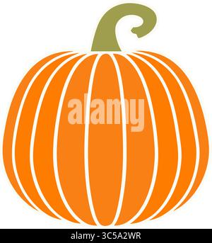 Illustrazione stilizzata e piatta di una zucca arancione con nervature verticali e stelo verde curvo su sfondo bianco. Illustrazione Vettoriale