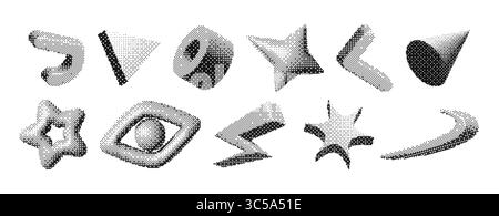 Forme di pixel brutalismo Y2K con effetti gradienti mezzitoni per un design grafico moderno e arte digitale. Forme geometriche astratte con motivi tratteggiati. Elementi futuristici retrò per il Web o la stampa. Illustrazione Vettoriale