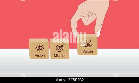 Business Concept Life scopo missione, visione, valori presentazione PowerPoint slide sull'illustrazione dei cubi aziendali Illustrazione Vettoriale