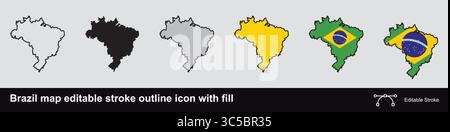 Icona del contorno del tratto modificabile della mappa del Brasile con riempimento Illustrazione Vettoriale