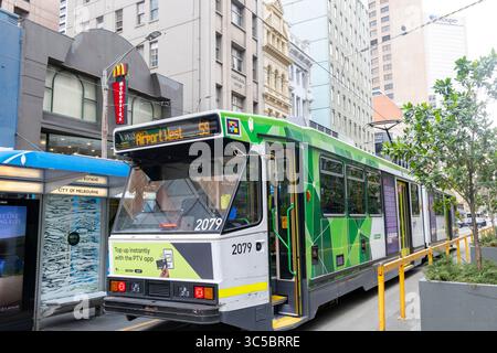 Melbourne, Victoria, Australia, fermata del tram Elizabeth Street nel centro di Melbourne con persone che viaggiano nella zona del tram gratuito con i mezzi pubblici Foto Stock