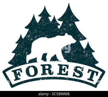 Un simbolo di orso con la foresta di conifere verde. Illustrazione Vettoriale