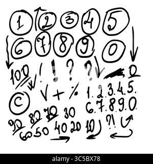 Test scolastico, numeri, lettere, cerchi e frecce, schizzo disegnato a mano. Illustrazione vettoriale. Una serie di icone di forme diverse, evidenziate su un bianco Illustrazione Vettoriale