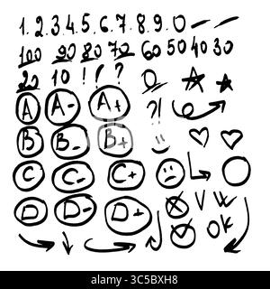 Test scolastico, numeri, lettere, cerchi e frecce, schizzo disegnato a mano. Illustrazione vettoriale. Una serie di icone di forme diverse, evidenziate su un bianco Illustrazione Vettoriale
