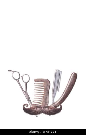 Baffi al manubrio, forbici vintage, pettine e rasoio dritto, spazio per il testo. Clipart verticale disegnata a mano isolata su bianco per disegni da barbiere Foto Stock