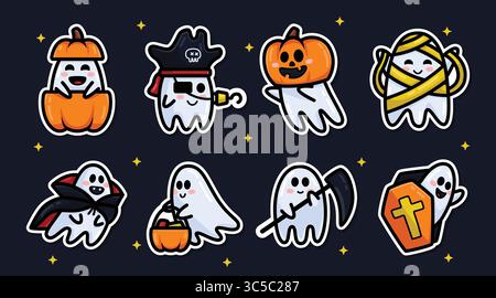Adorabile fantasma di Halloween con set di adesivi per zucca. Adorabile e sorridente collezione di clip artistiche fantasma per festeggiare Halloween il 31 ottobre Illustrazione Vettoriale