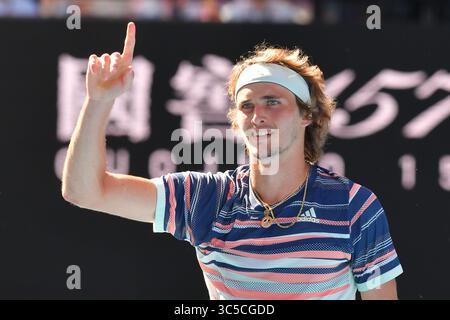 29 gennaio 2020: La settima testa di serie ALEXANDER ZVEREV (GER) festeggia dopo aver sconfitto la quindicesima testa di serie STAN WAWRINKA (sui) su Rod Laver Arena in un match dei quarti di finale maschile il giorno 10 dell'Australian Open 2020 a Melbourne, Australia. Sydney Low/Cal Sport Media. ZVEREV ha vinto 16 63 64 62 (immagine di credito: &Copy; Sydney Low/CSM tramite filo ZUMA) Foto Stock