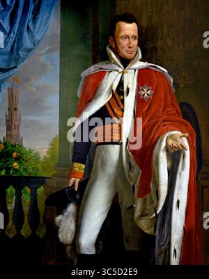 Re Guglielmo i 1820 di Jozef Ducq, Pittura nel municipio gotico di Bruges (Stadhuis), belga, belga, fiammingo. Guglielmo i (Willem Frederik; 24 agosto 1772 – 12 dicembre 1843) fu re dei Paesi Bassi e granduca di Lussemburgo dal 1815 fino alla sua abdicazione nel 1840. Foto Stock