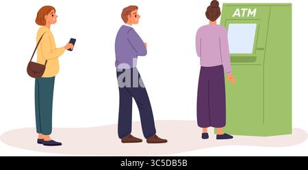 La gente fa la fila al bancomat per avere dei soldi. Uomo o donna in fila. Coda in attesa al terminale di pagamento. Trasferimento finanziario bancario. Macchina automatizzata. Senza Illustrazione Vettoriale