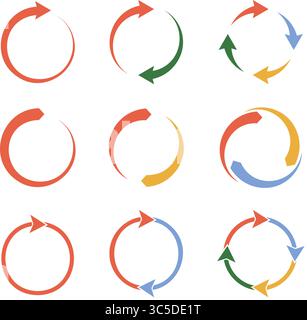 Frecce di caricamento multicolore circolari o cerchi infografici. Processo di aggiornamento o di attesa. Pittogramma di riciclaggio. Ripristinare il ciclo. Direzione di rotazione. Riavviare il rota Illustrazione Vettoriale