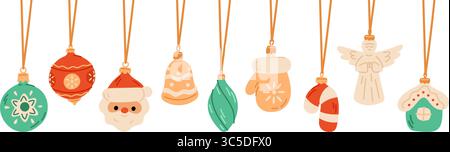 Appeso in fila di palle di Natale. Giocattoli natalizi in vetro per decorare l'albero. Holiday garland. Guanti e una casa carina. I giocattoli del nuovo anno sui fili. Babbo Natale e An Illustrazione Vettoriale