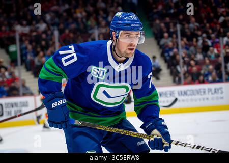 8 febbraio 2020: Canucks ha lasciato l'ala sinistra Tanner Pearson (70) in gara durante la partita NHL tra i Calgary Flames e i Vancouver Canucks alla Rogers Arena di Vancouver, Canada. Dom Gagne/CSM(immagine di credito: &Copy; dom Gagne/CSM tramite cavo ZUMA) Foto Stock