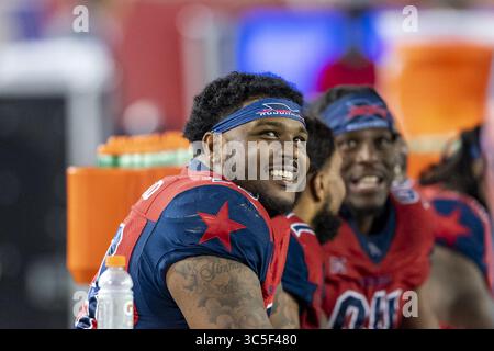 8 febbraio 2020, Houston, Texas, Stati Uniti: 8 febbraio, 2020: il defensive end degli Houston Roughnecks Corey Crawford (93) durante il quarto periodo contro i LA Wildcats al TDECU Stadium di Houston Texas. (Immagine di credito: © Maria Lysaker/ZUMA Wire) Foto Stock