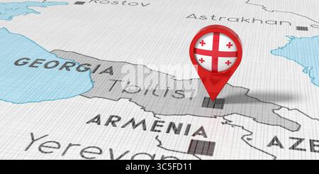 Georgia, Tbilisi - spilla con bandiera nazionale sulla mappa politica - illustrazione 3D. Foto Stock