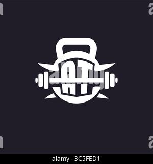 Logo iniziale per il fitness con un design vettoriale semplice ma creativo con icona a forma di campana e piatto Illustrazione Vettoriale