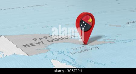 Papua nuova Guinea, Port Moresby - spilla con bandiera nazionale sulla mappa politica - illustrazione 3D. Foto Stock