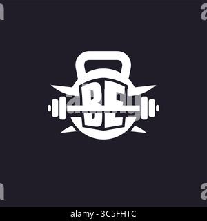 Logo BE iniziale per il fitness con una grafica vettoriale semplice ma creativa con un'icona a forma di campana e piatto Illustrazione Vettoriale