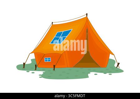 Tenda da da campo. Concetto di campeggio. Tenda da da campeggio arancione turistica, attrezzatura da campeggio con tendone. Riparo turistico per viaggi, pesca e attività escursionistiche. Vector Illustrazione Vettoriale