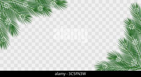 Spigoli e fiocchi di neve in abete abete formato banner bordo bordo superiore e inferiore idea modello Copyspace. Illustrazione vettore isolato biglietto d'auguri per la stagione invernale poster, banner, opuscolo, banner, tag Illustrazione Vettoriale