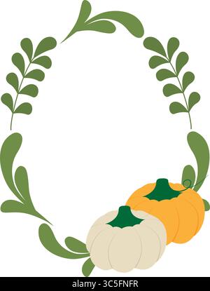 Zucca autunnale e foglie di Pasqua o del Ringraziamento cornice ovale bordo Copia spazio modello idea. Illustrazione vettore isolato feste autunnali carte tematiche invito o banner, opuscolo, prezzo Illustrazione Vettoriale