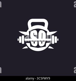 Logo SO iniziale per il fitness con un design vettoriale semplice ma creativo con icona a forma di campana e piatto Illustrazione Vettoriale