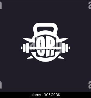 Iniziale O logo per il fitness con un design vettoriale semplice ma creativo con icona a forma di campana e piatto Illustrazione Vettoriale