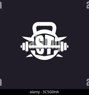 Logo ST iniziale per il fitness con un design vettoriale semplice ma creativo con icona a forma di campana e piatto Illustrazione Vettoriale