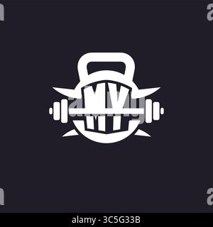 Il MIO logo iniziale per il fitness con una grafica vettoriale semplice ma creativa con un'icona a forma di campana e piatto Illustrazione Vettoriale