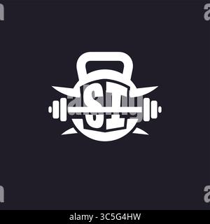 Logo si iniziale per il fitness con un design vettoriale semplice ma creativo con icona a forma di campana e piatto Illustrazione Vettoriale